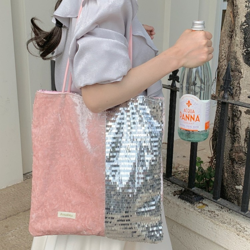 Y2K Silver Sequin & Pink Velvet Patchwork Shoulder Bag