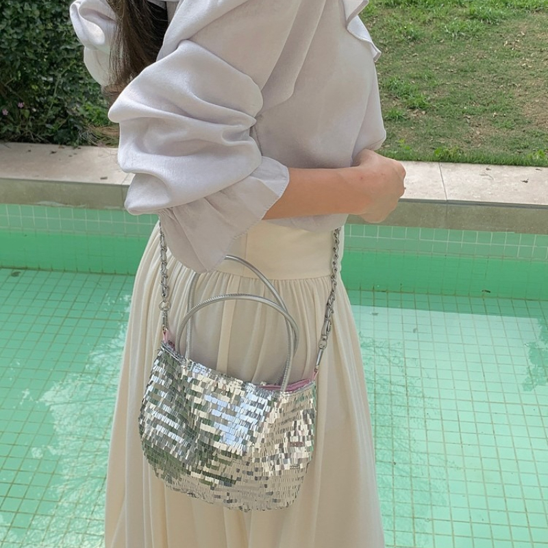 Y2K Silver Sequin & Pink Velvet Patchwork Shoulder Bag