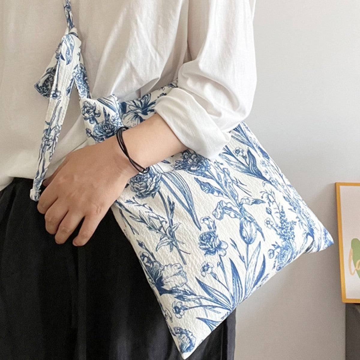 Vintage Blue & White Floral Fabric Shoulder Bag