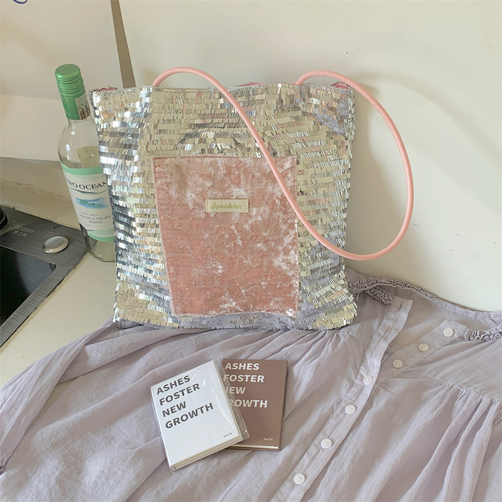 Y2K Silver Sequin & Pink Velvet Patchwork Shoulder Bag