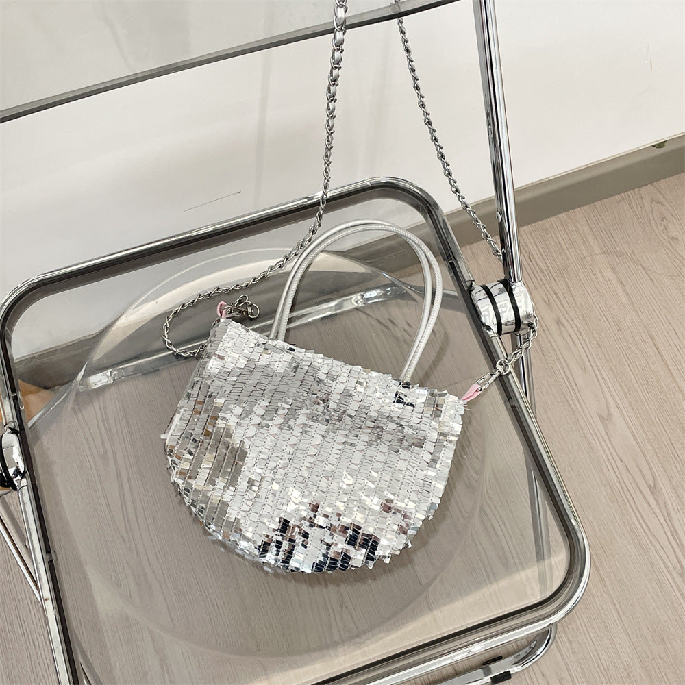 Y2K Silver Sequin & Pink Velvet Patchwork Shoulder Bag