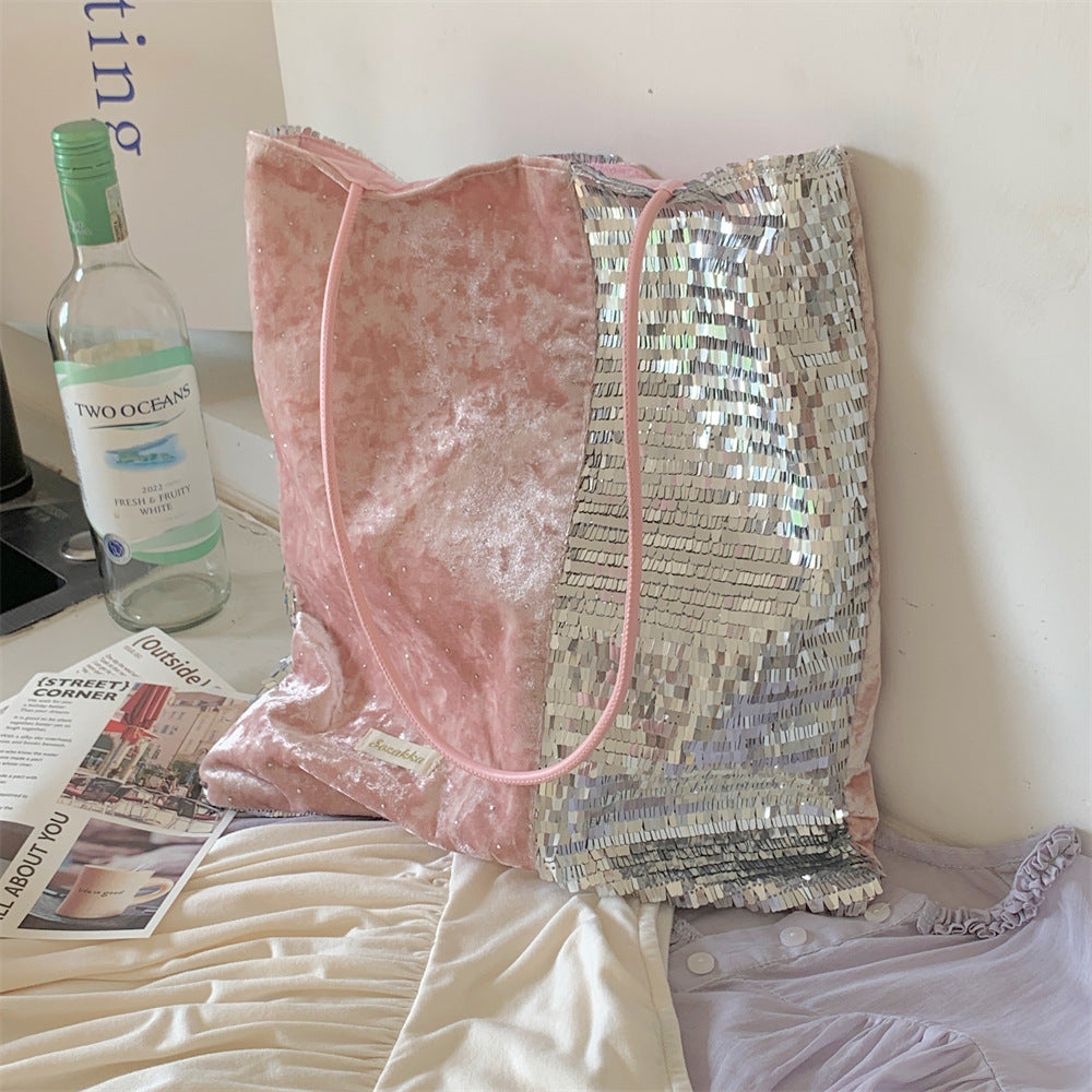 Y2K Silver Sequin & Pink Velvet Patchwork Shoulder Bag