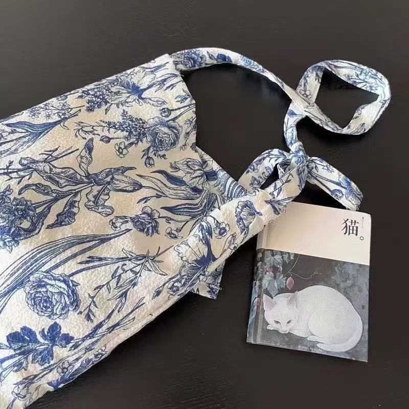 Vintage Blue & White Floral Fabric Shoulder Bag