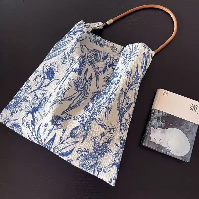 Vintage Blue & White Floral Fabric Shoulder Bag