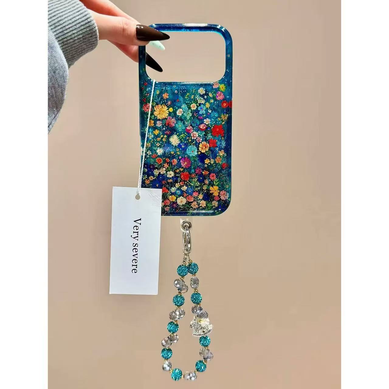 Oil painting colorful floral, bead chain, mobile phone case.