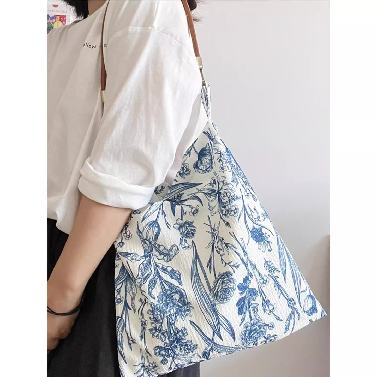 Vintage Blue & White Floral Fabric Shoulder Bag