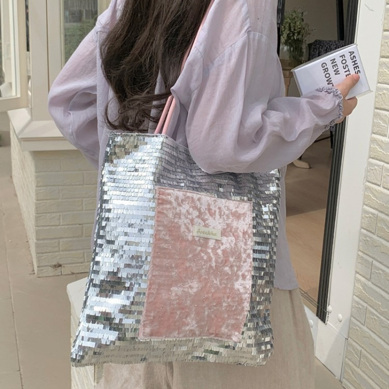 Y2K Silver Sequin & Pink Velvet Patchwork Shoulder Bag